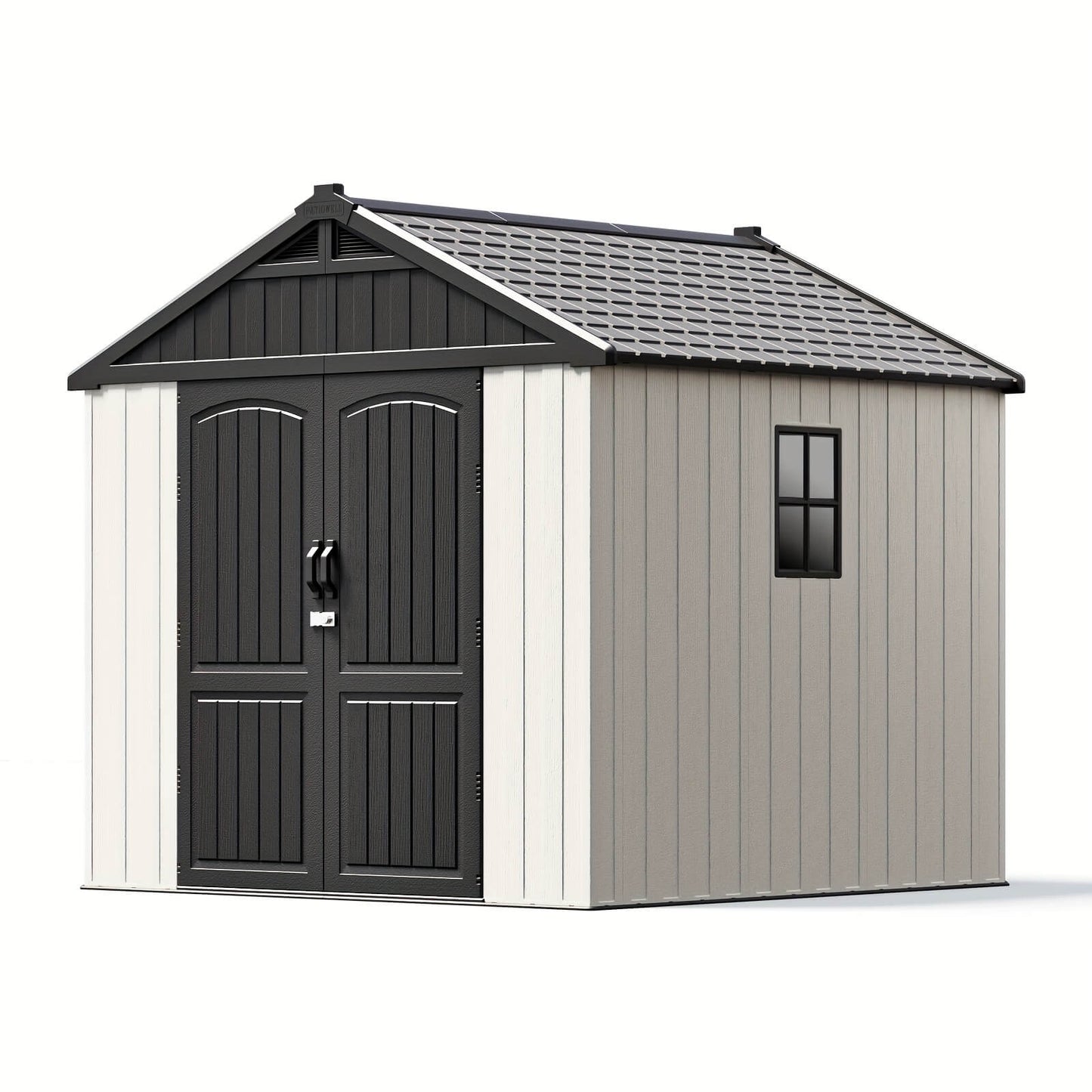 Resin outdoor storage shed with black doors and gray roof on a white background