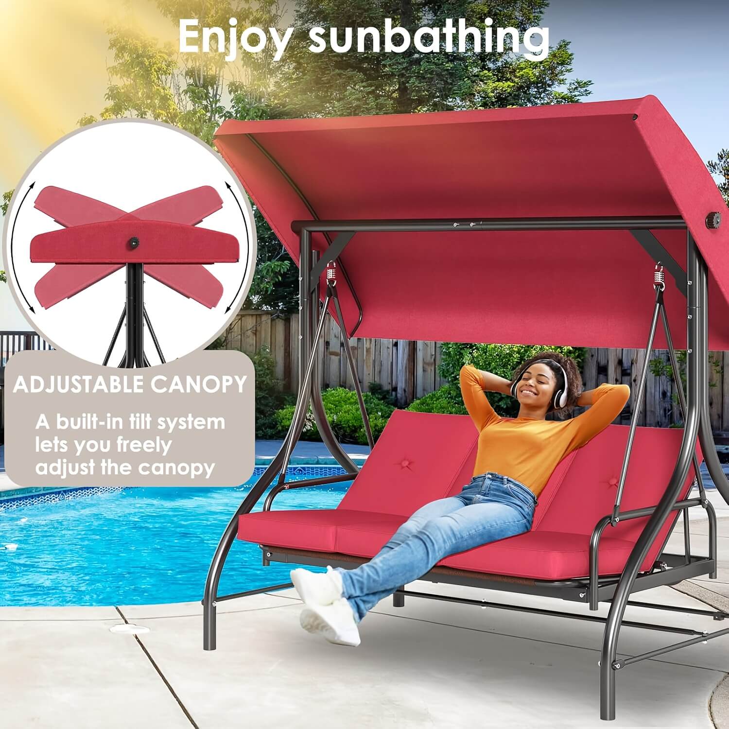 Red outdoor swing chair with adjustable canopy by a pool