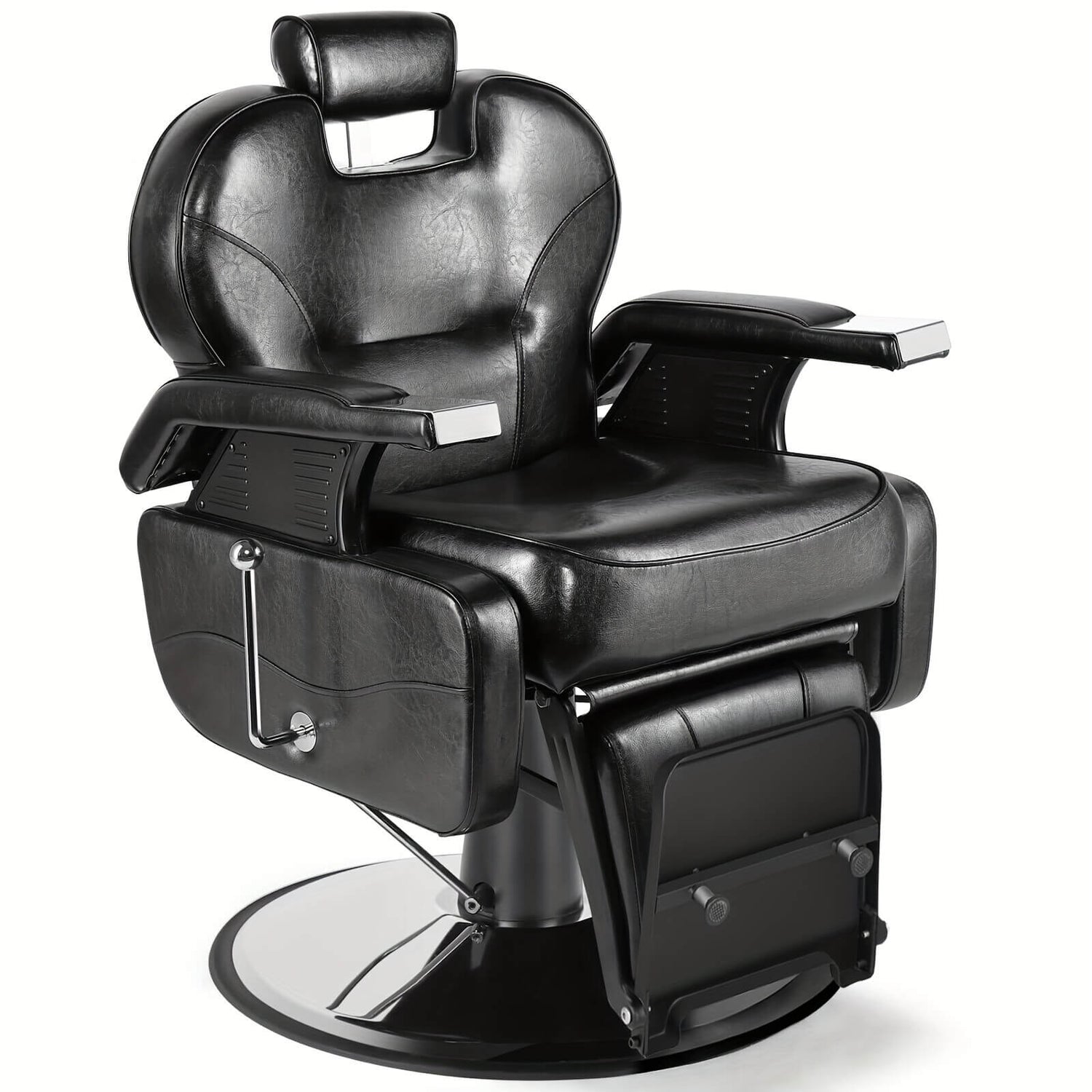 Black professional barber chair on a white background