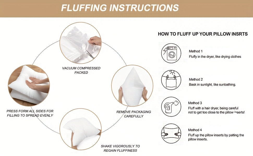 Instructions for fluffing pillow inserts with step-by-step illustrations and text.