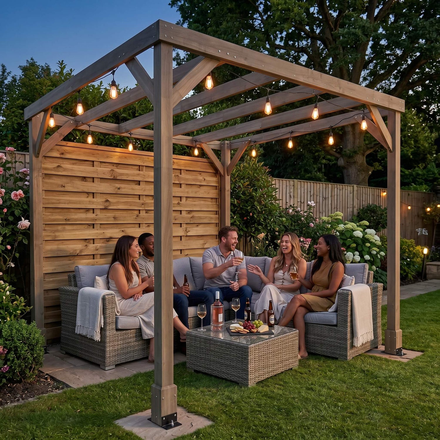 People sitting under a wooden pergola with string lights in a garden setting.