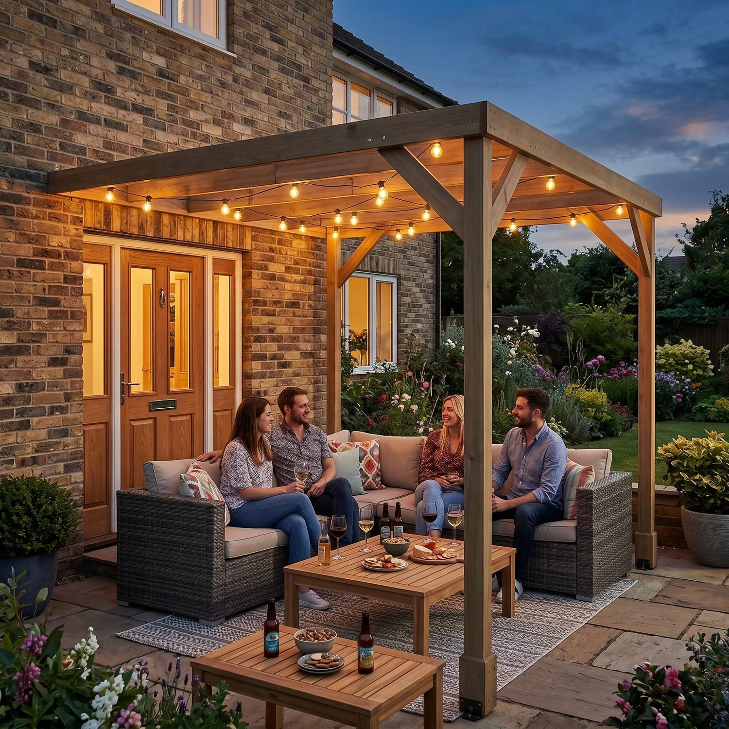 People sitting on outdoor furniture under a wooden pergola with string lights at dusk.