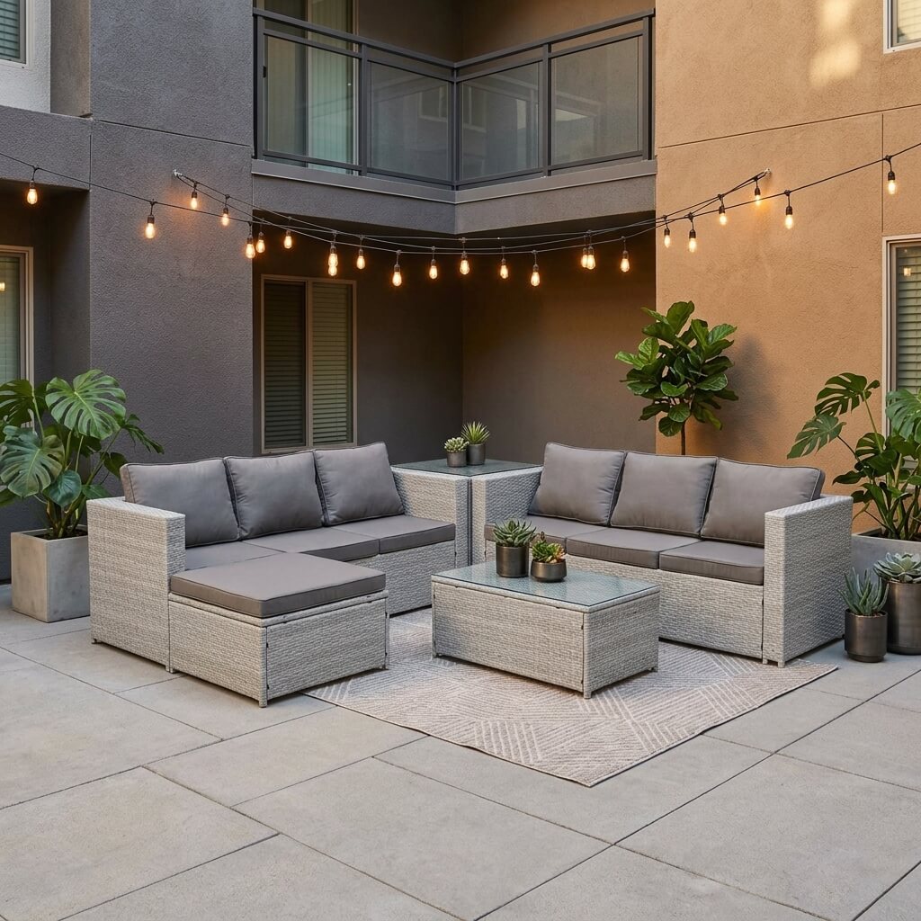 Light Grey Outdoor Rattan Garden Furniture Set located in a patio
