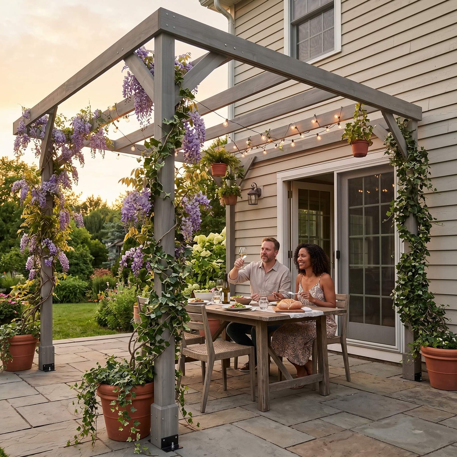 A family of a man and his wife dining under a corner pergola attached to the back entrance of their house with greenery growing around the stands 