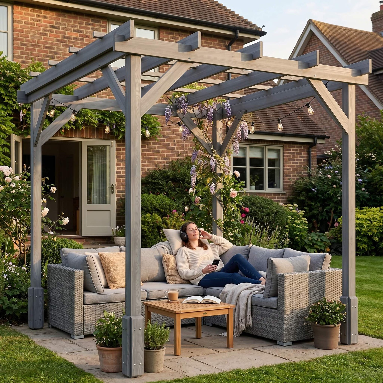 Woman relaxing on a patio with a pergola and outdoor furniture