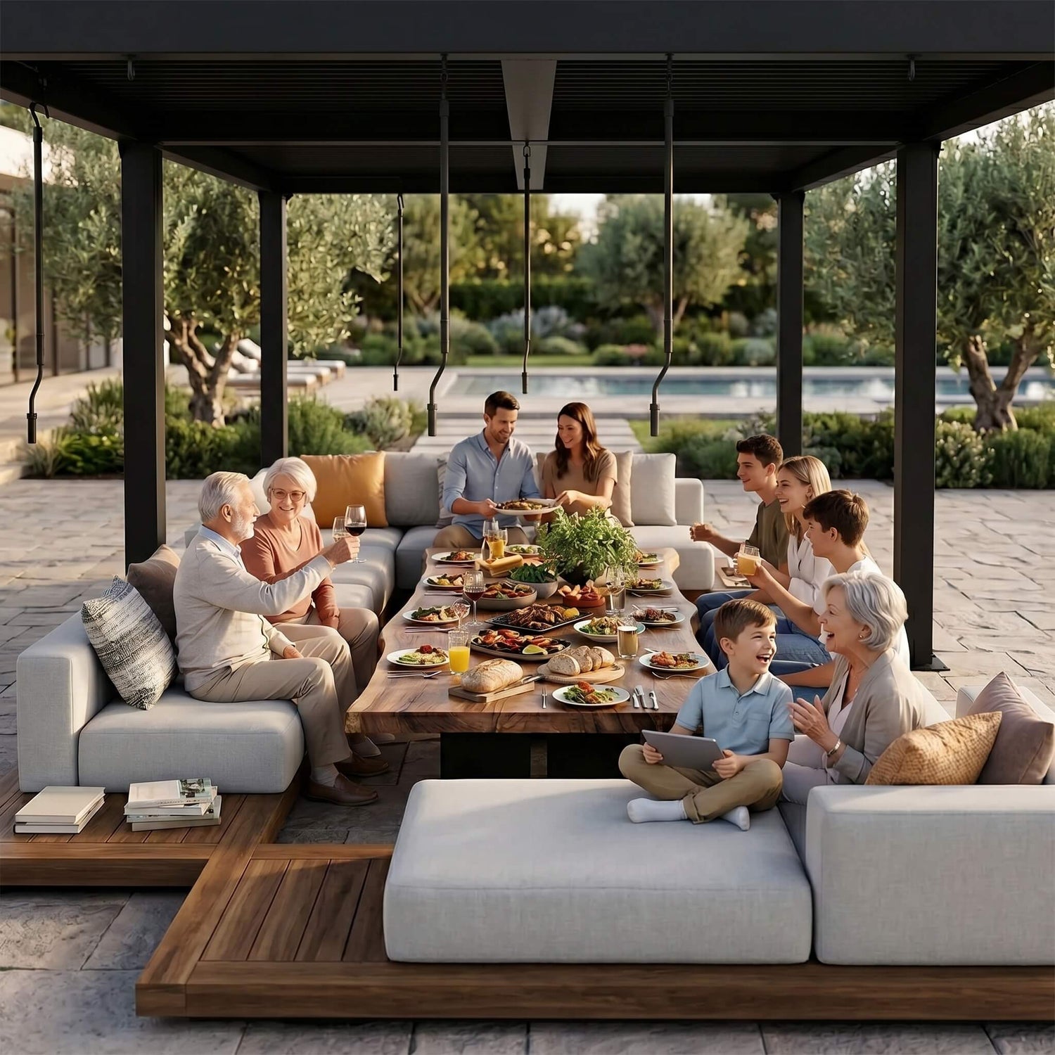 A large family sitting on outdoor furniture with a wooden table and food under a louvered pergola, surrounded by plants and a pool.