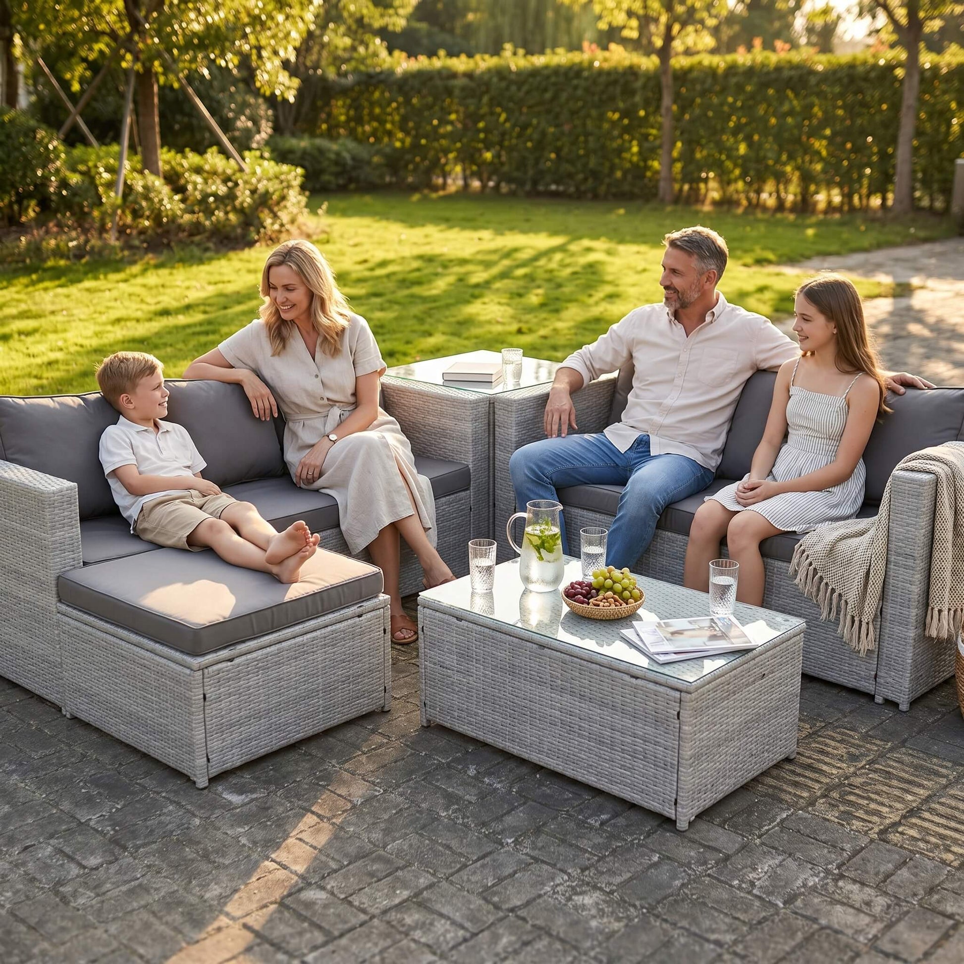 A family sitting out on a Light Grey Outdoor Rattan Garden Furniture Set