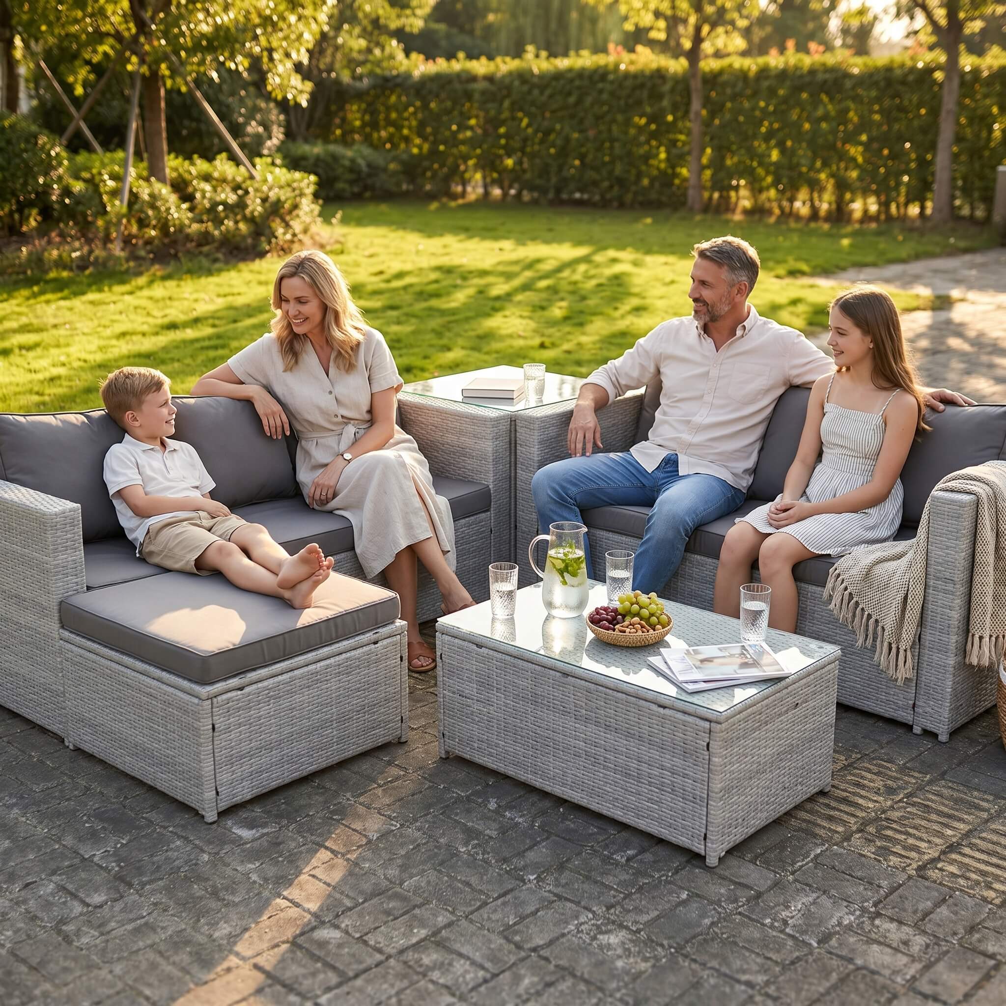 A family sitting out on a Light Grey Outdoor Rattan Garden Furniture Set