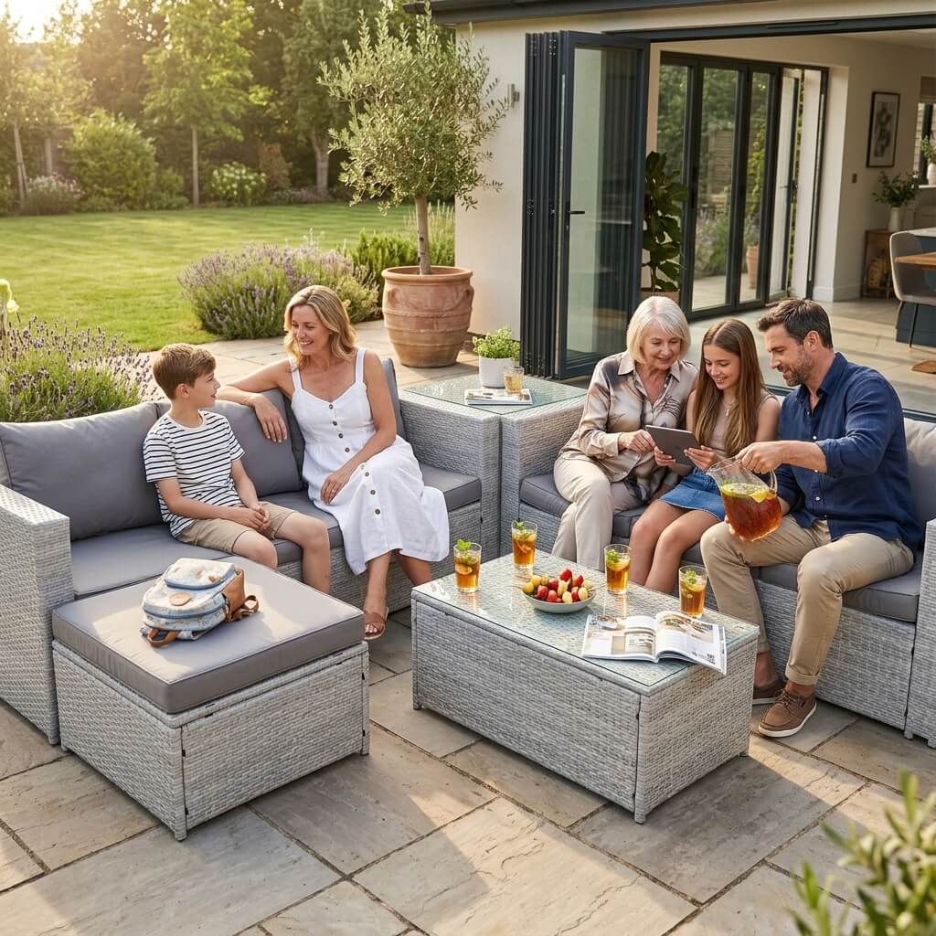 Some group of friends sitting on Light Grey Outdoor Rattan Garden Furniture Set in a back garden