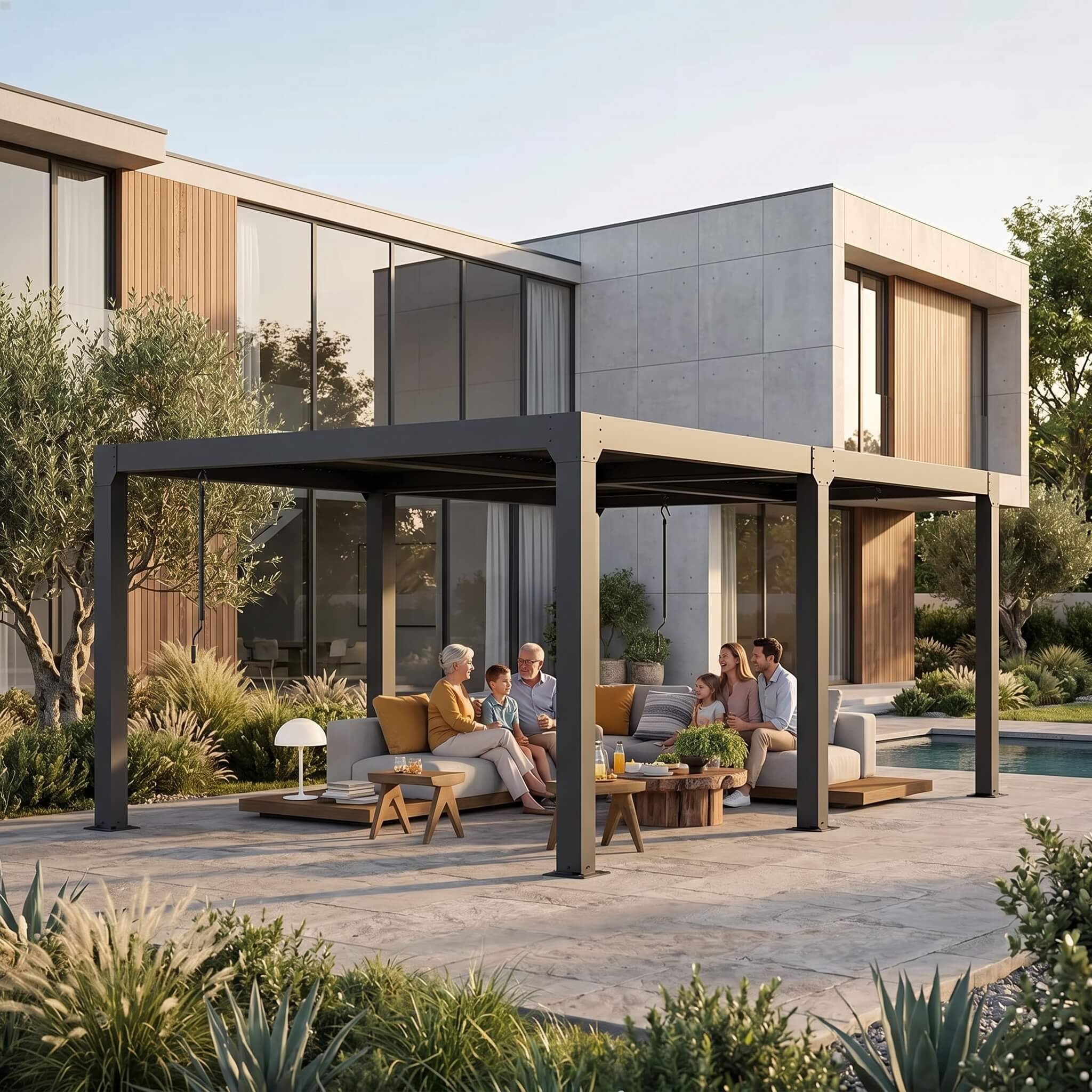 Modern house exterior with a family sitting on outdoor furniture under a pergola.
