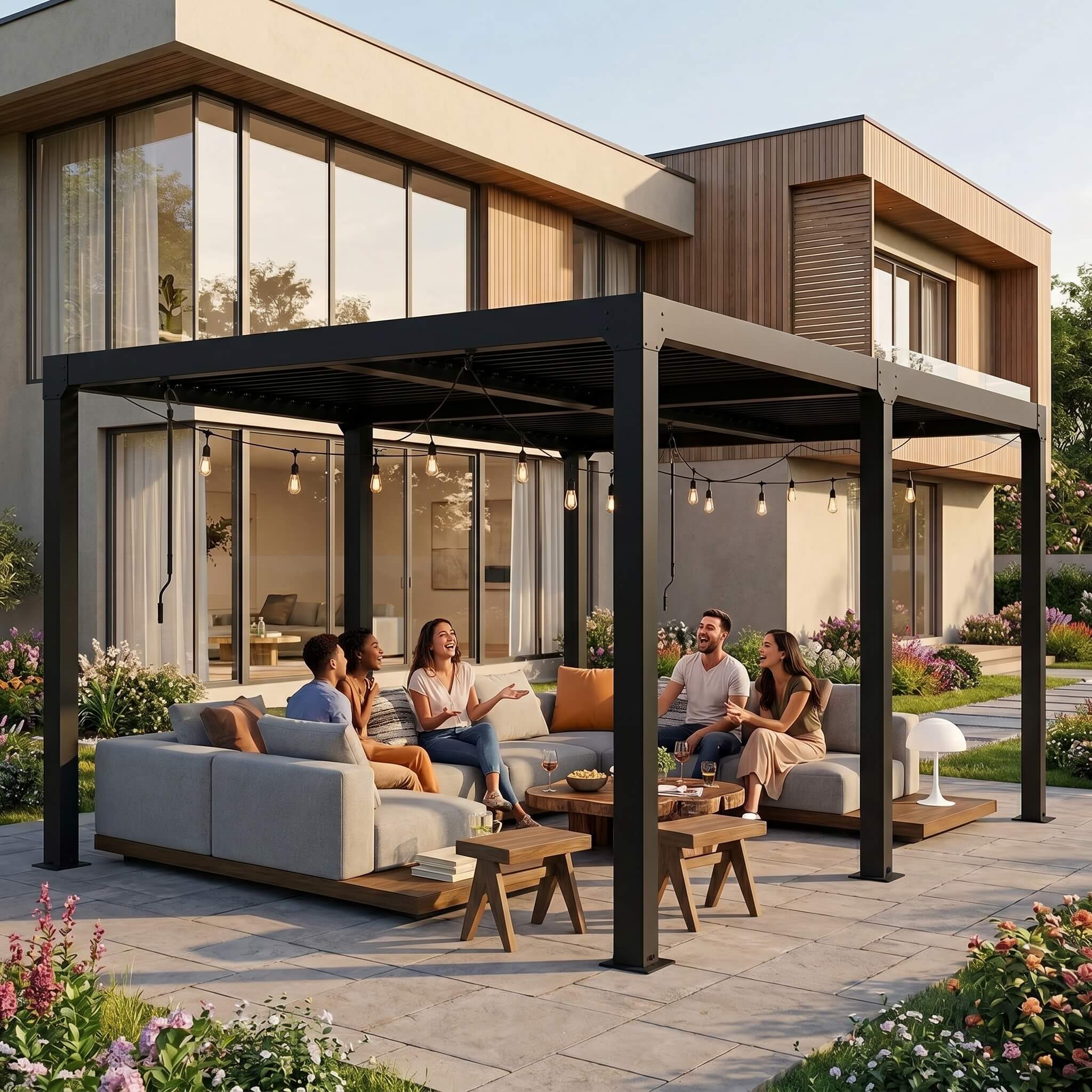 An outdoor pergola, under which friends sitting on a massive sofa chatting and laughing in front of a residential building.