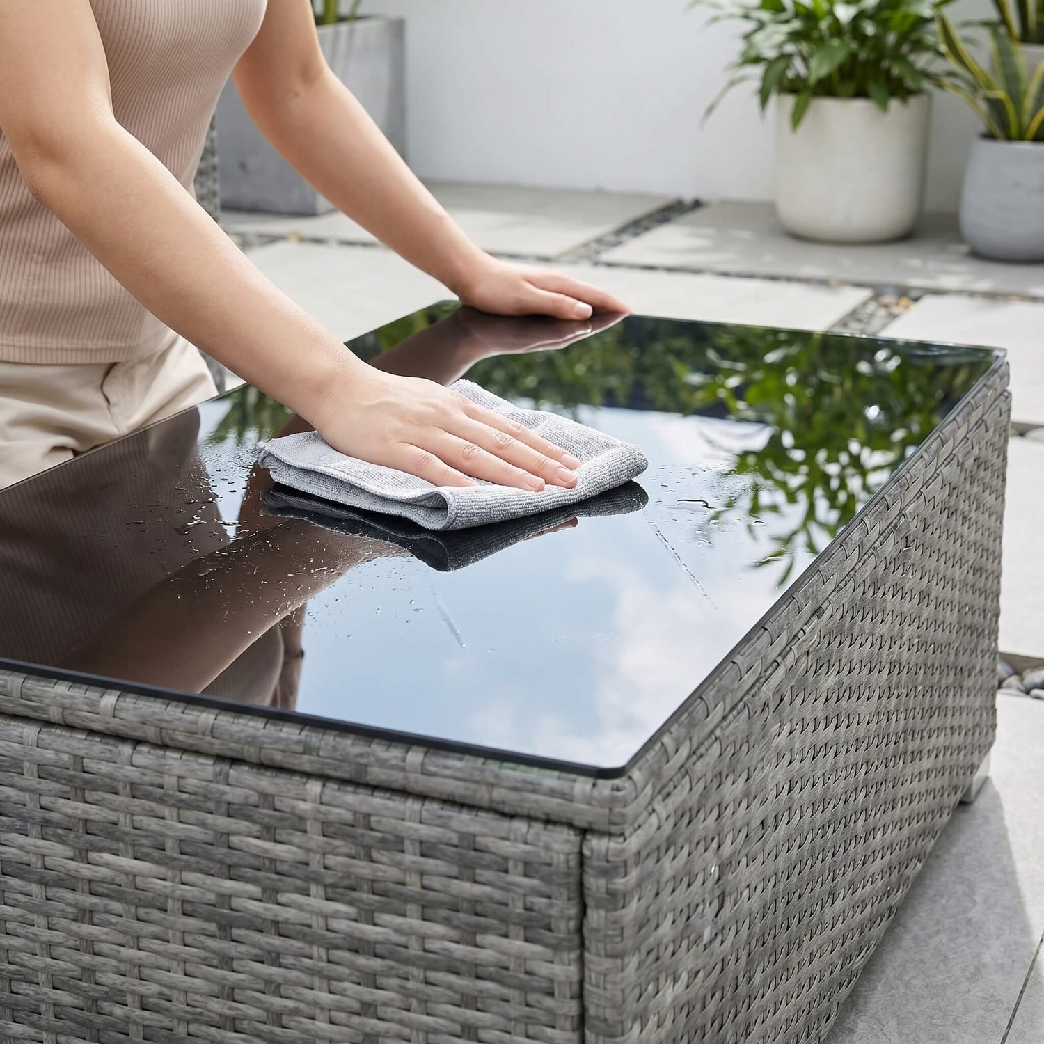 Person cleaning a glass-top outdoor table with a cloth.