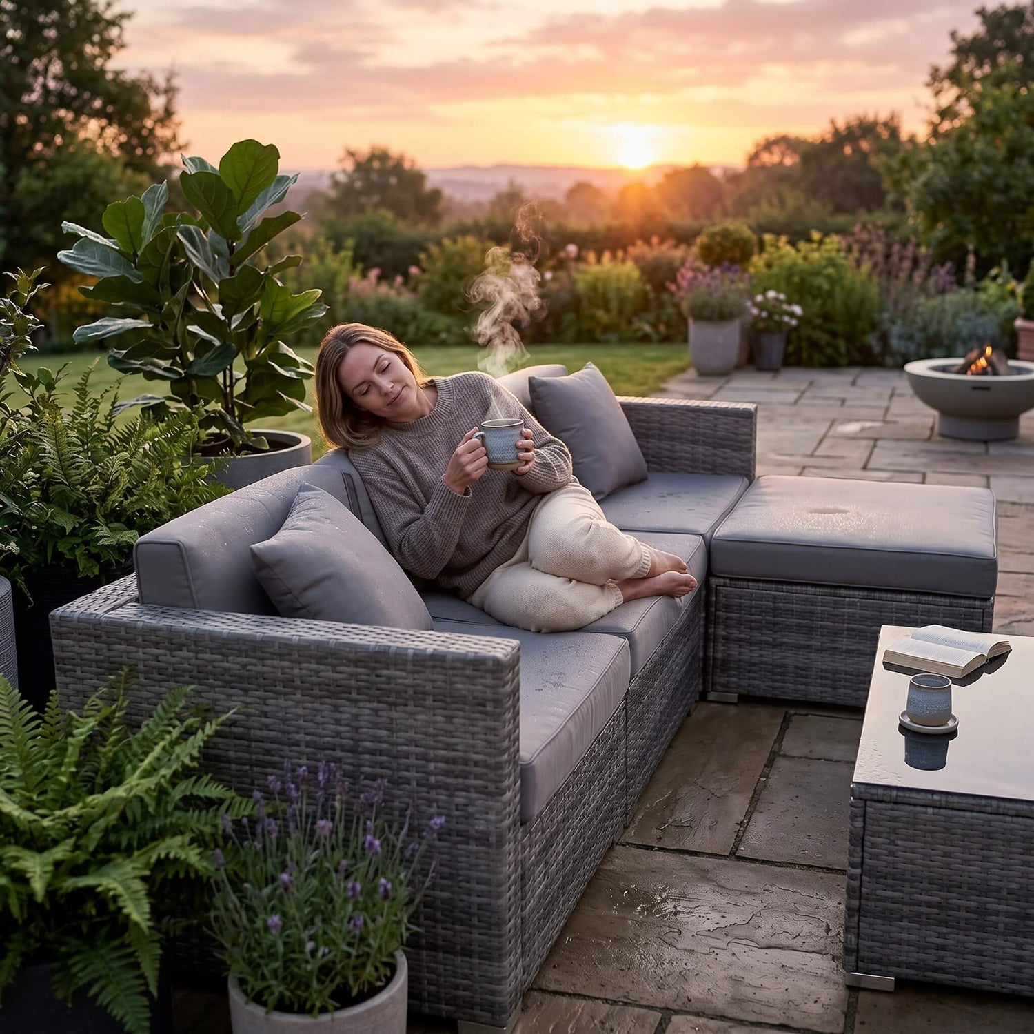 Woman relaxing on a patio set with a cup, surrounded by plants and a sunset.