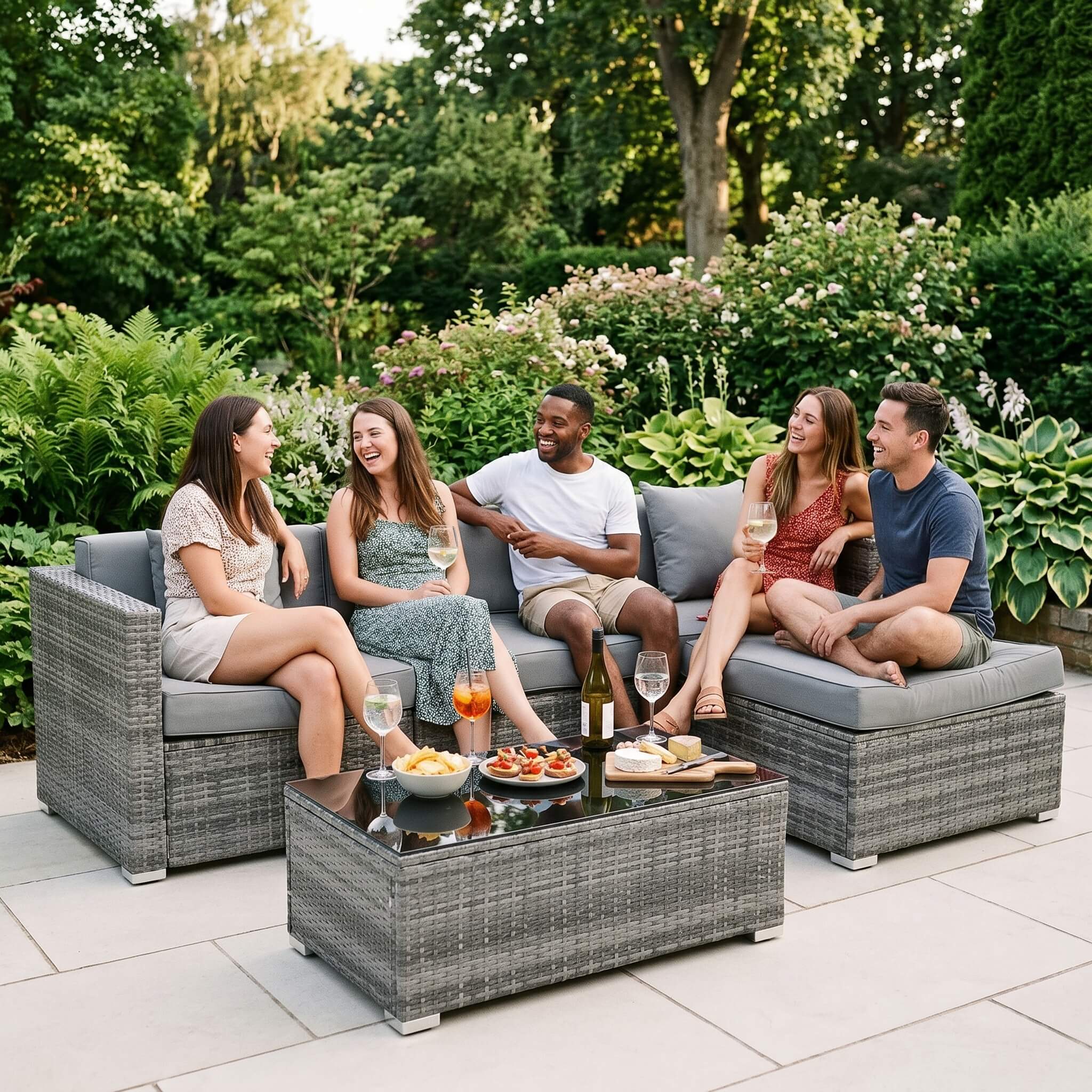 Group of people sitting on outdoor furniture set with drinks and snacks