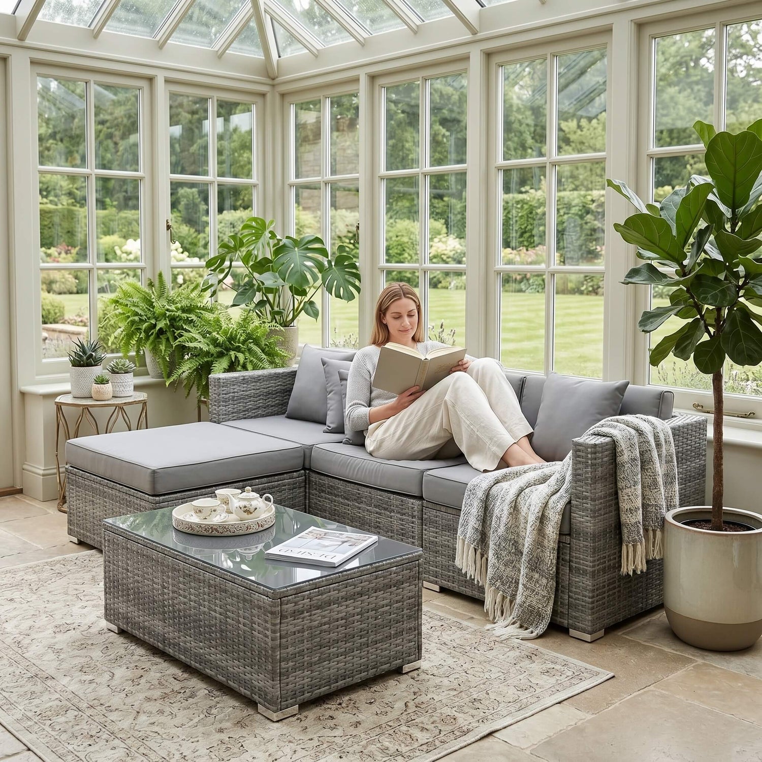 Woman reading a book on a gray sectional sofa in a sunroom with large windows and plants.