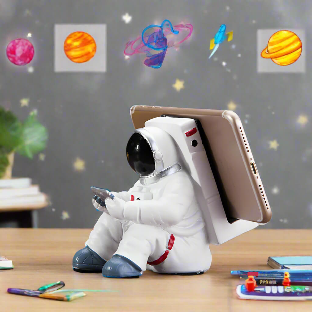 A white astronaut desk phone holder sold by WorkZen Interiors