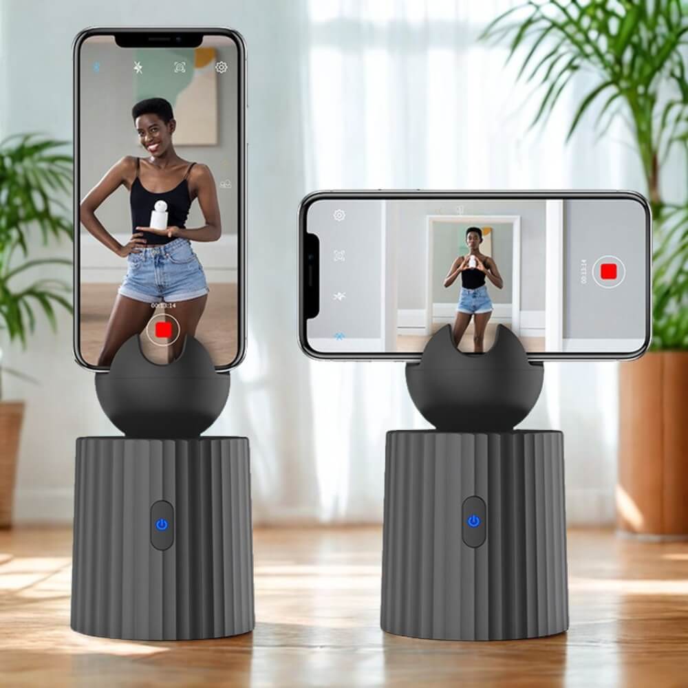 A black auto object tracking phone holder sold by WorkZen Interiors