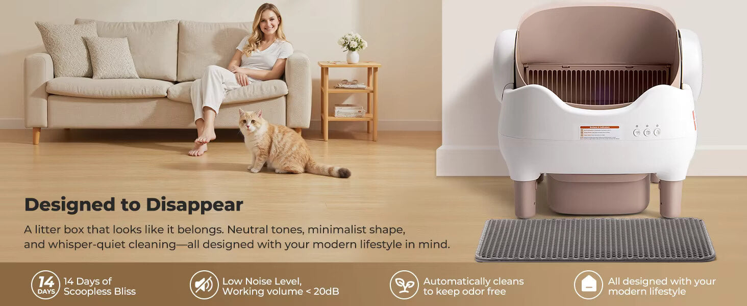 A smart cat ultimate litter box​ with a woman, cat, and product on a light wood floor.