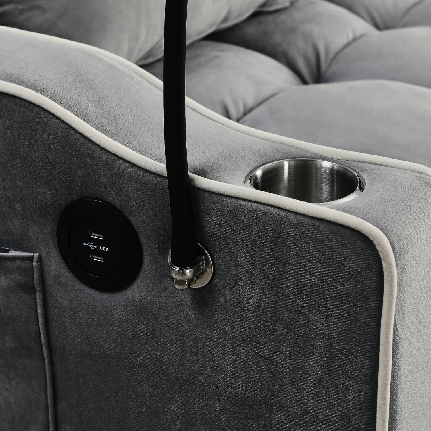 USB port and phone stand of a Queen Size Sofa Bed sold by WorkZen Interiors