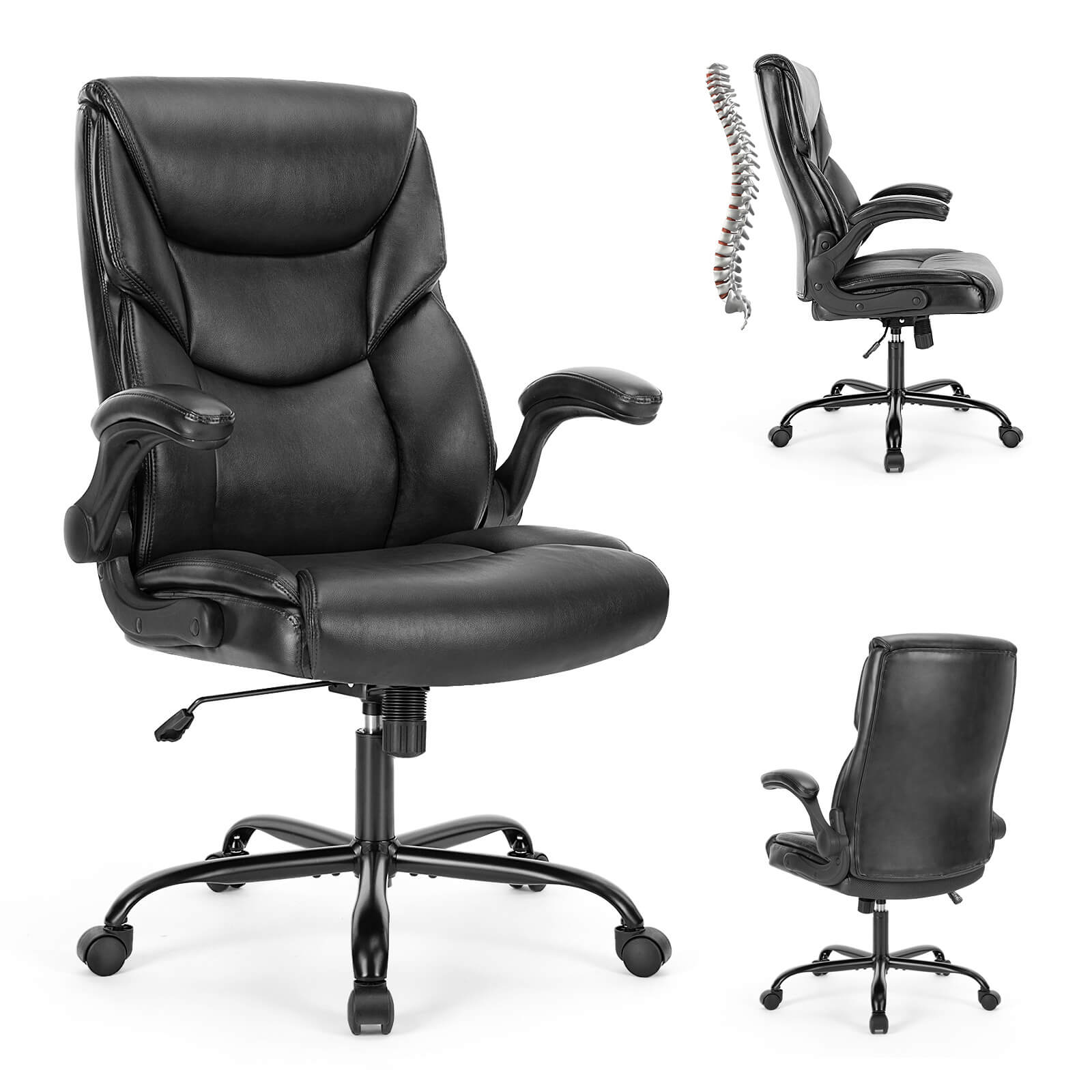 A black leather office chair sold by WorkZen Interiors