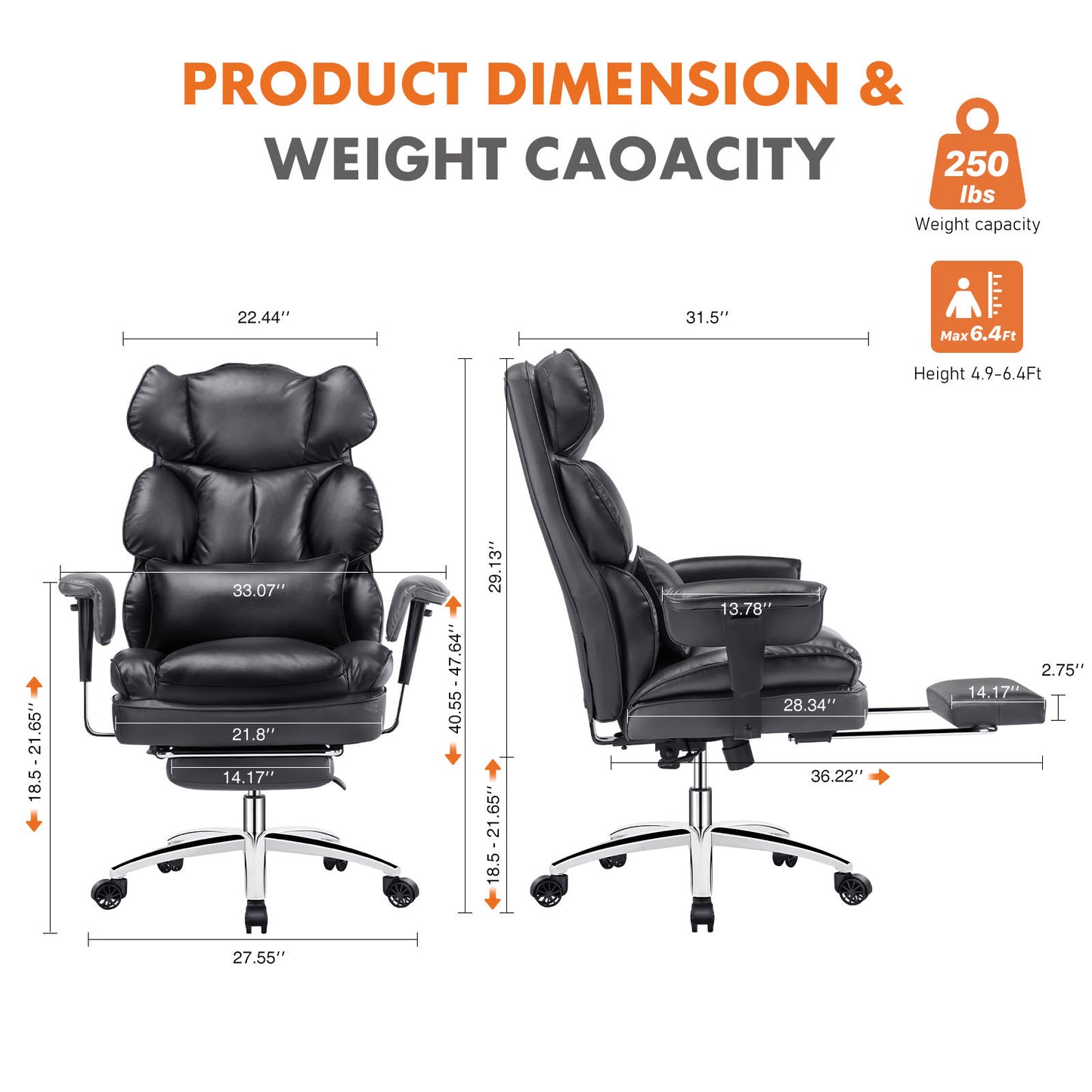 The dimension of a black executive office chair sold by WorkZen Interiors