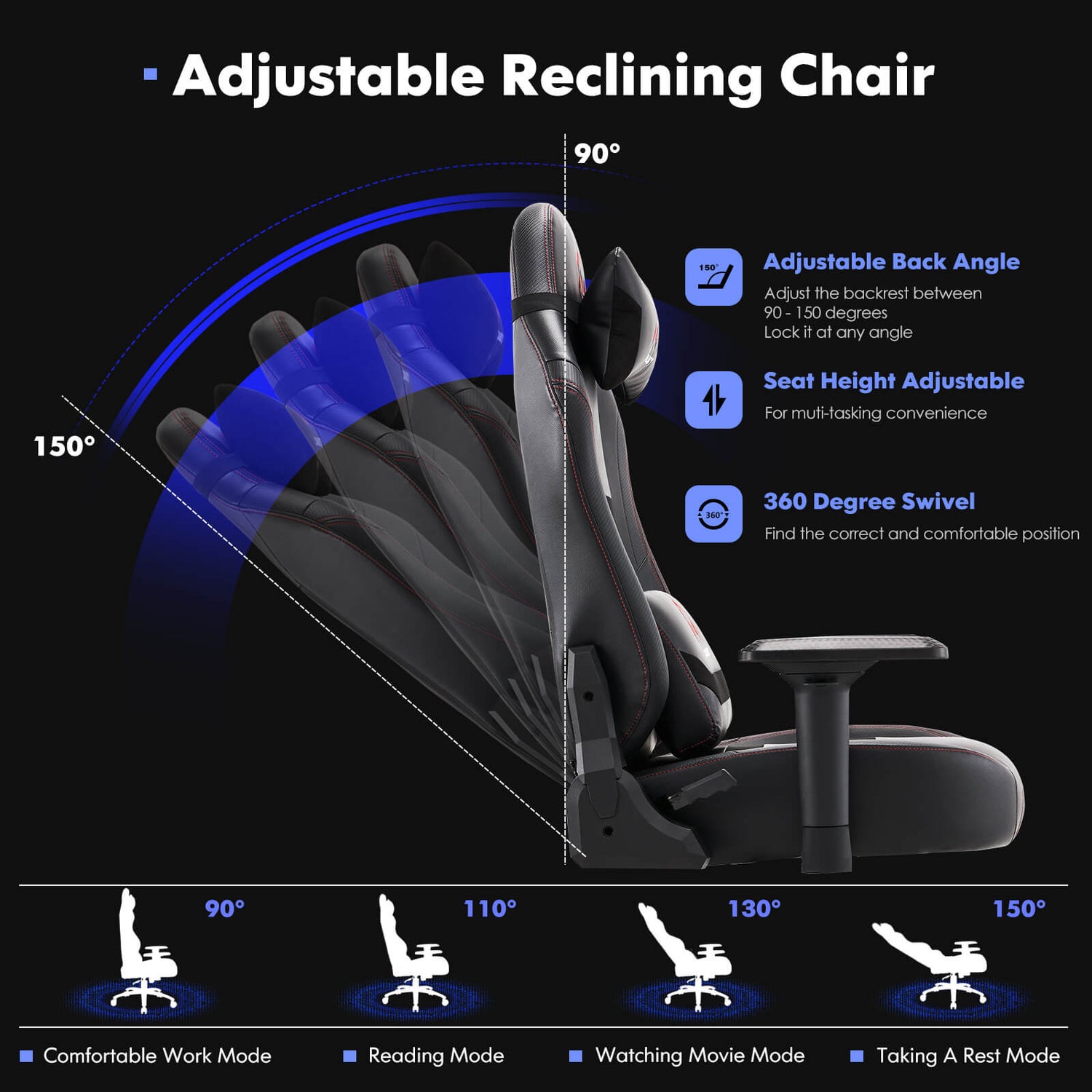 A black heavy duty gaming chair showing the adjustable angles of the backrest 
