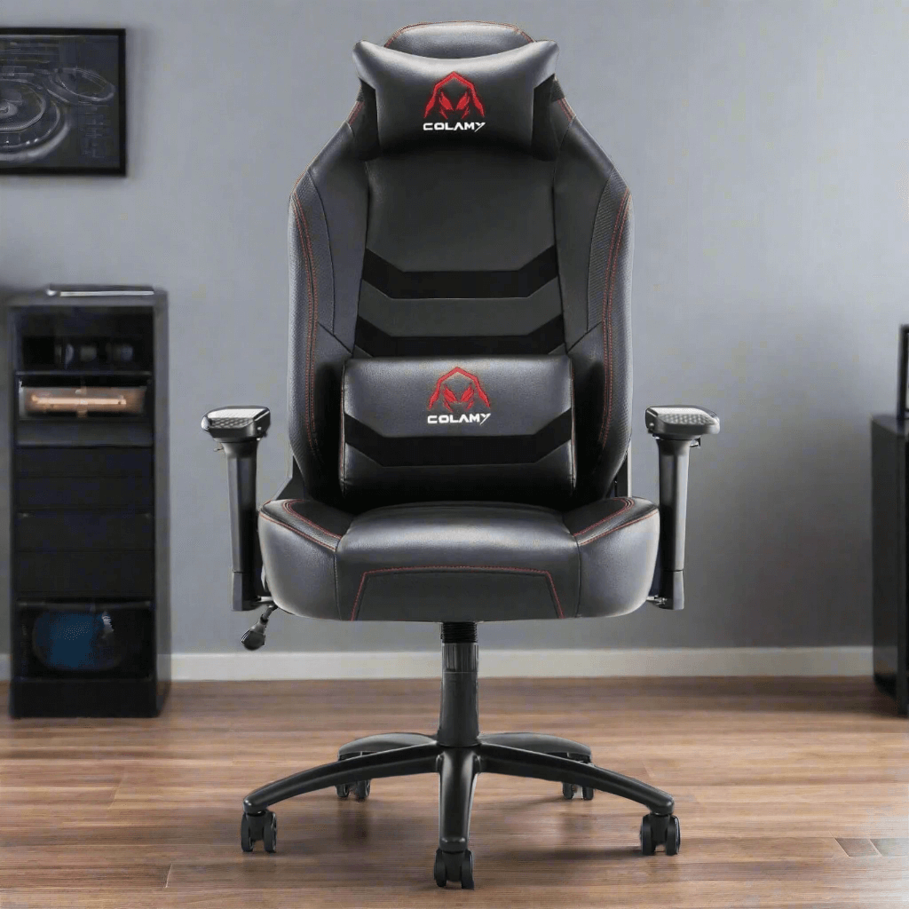 A black heavy duty gaming chair​ in a gaming room surrounded by a gaming station