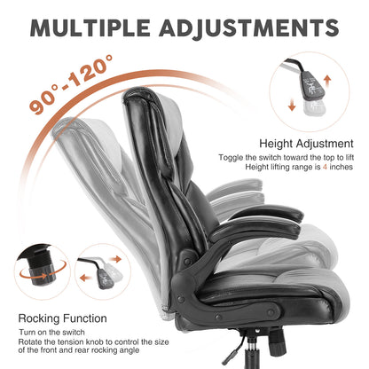 A black leather office chair sold on WorkZen Interiors that shows multiple adjustments
