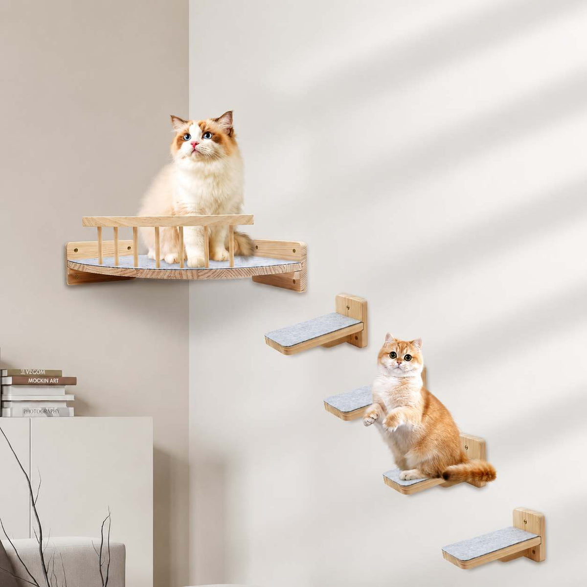 Wooden cat wall shelves mounted on a beige wall, with two cats sitting on the shelves in a styled room corner.