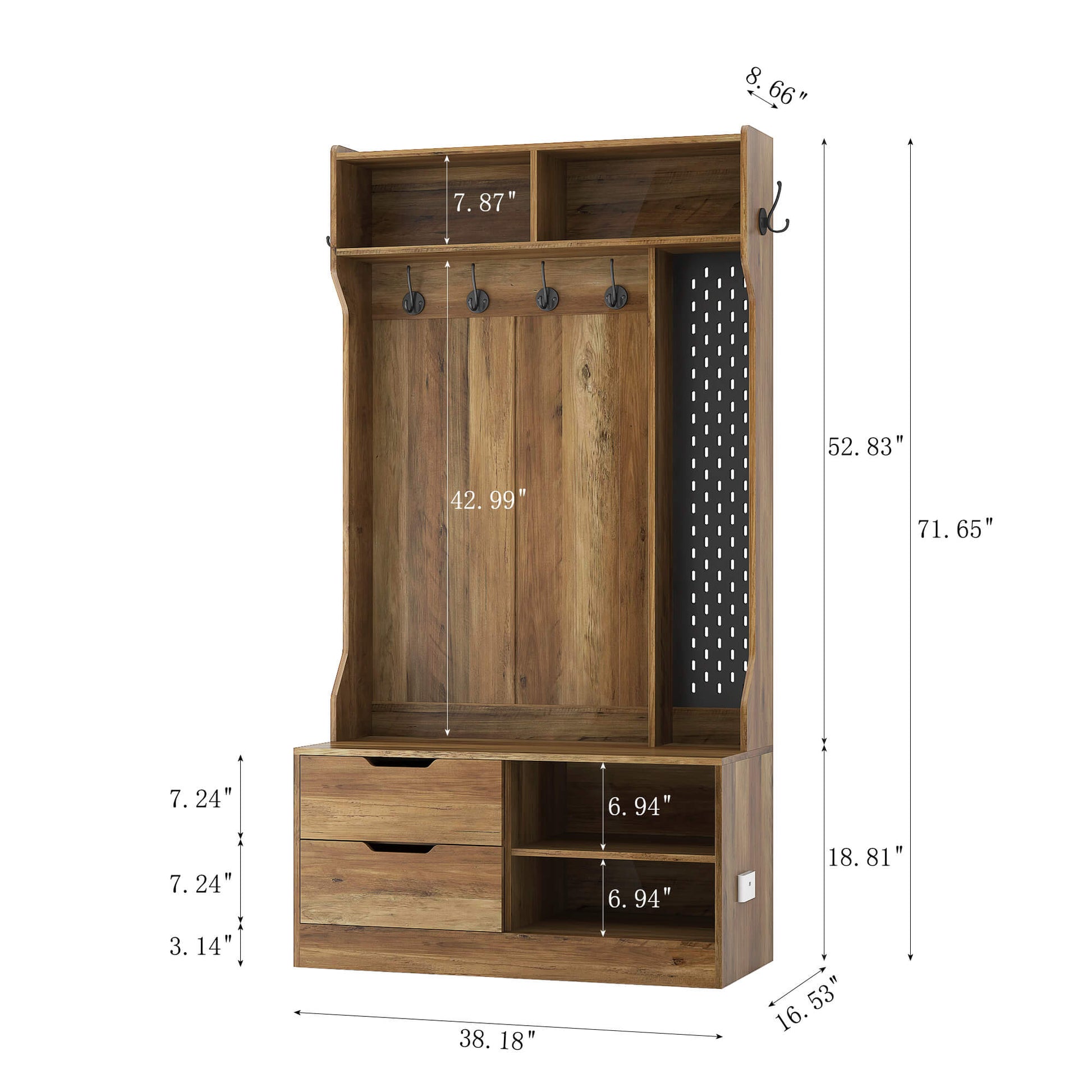 Dimensions of a brown coat rack with shoe storage sold by WorkZen Interiors