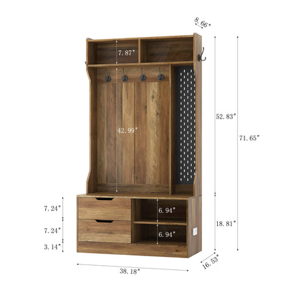 Dimensions of a brown coat rack with shoe storage sold by WorkZen Interiors
