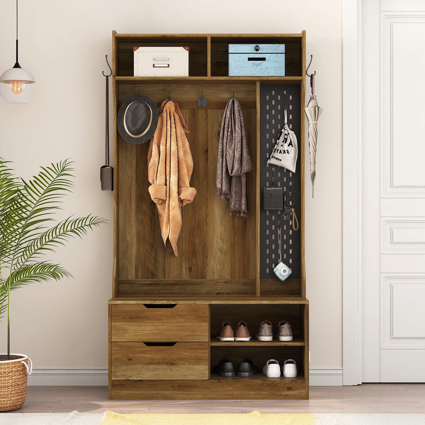 A brown coat rack with shoe storage sold by WorkZen Interiors