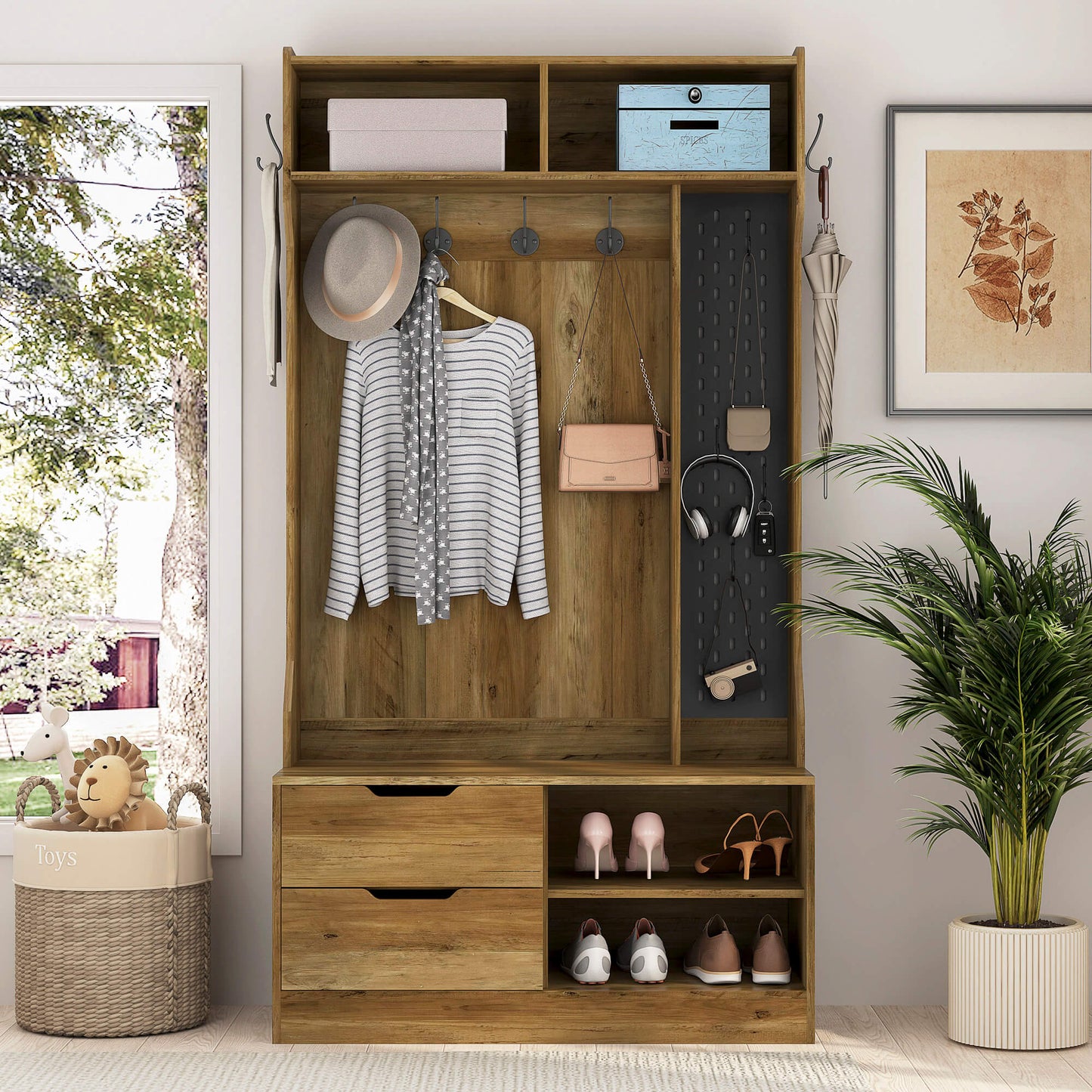 A brown coat rack with shoe storage sold by WorkZen Interiors
