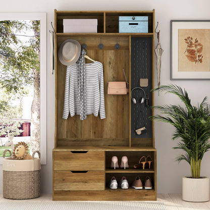 A brown coat rack with shoe storage sold by WorkZen Interiors