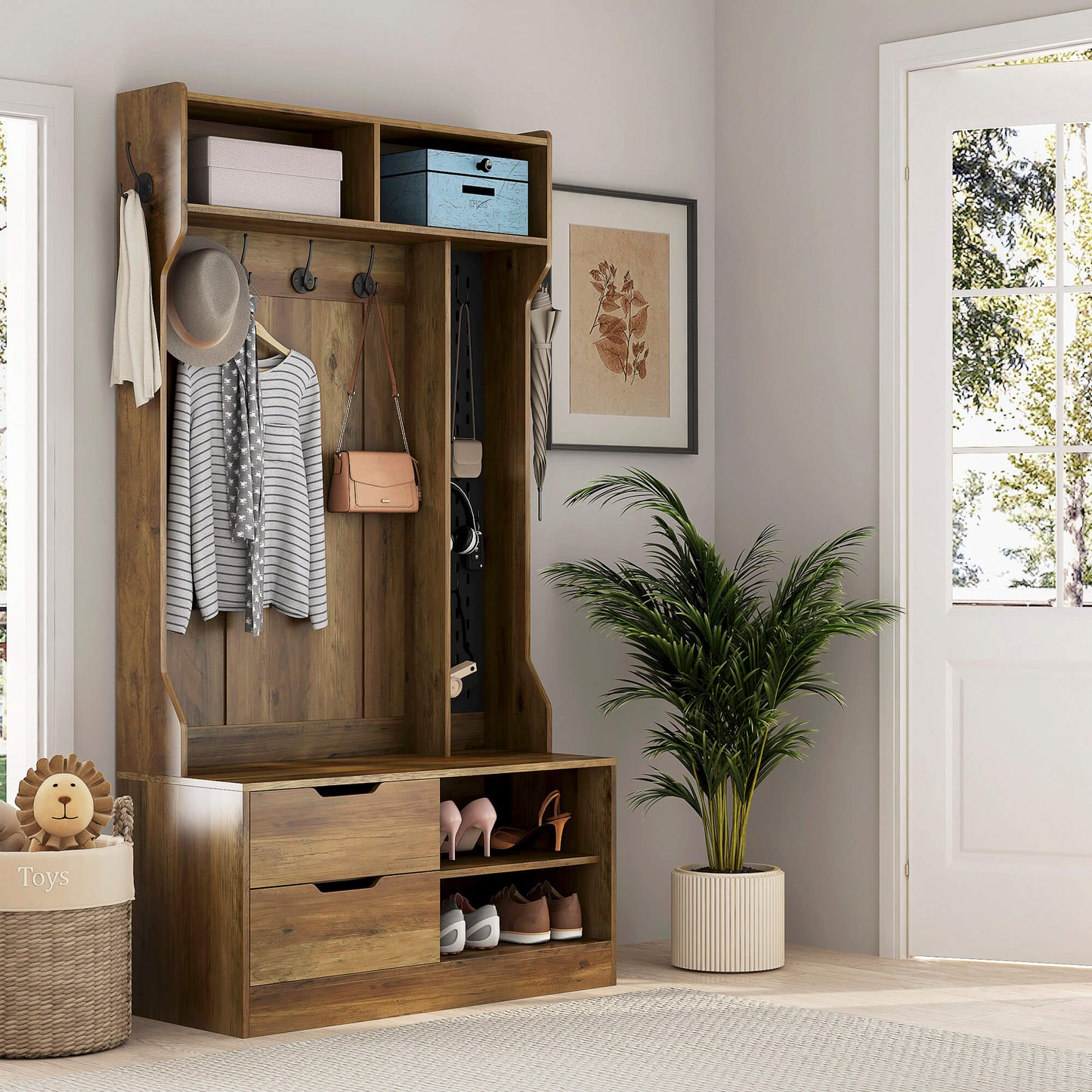 A brown coat rack with shoe storage sold by WorkZen Interiors