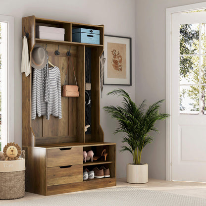 A brown coat rack with shoe storage sold by WorkZen Interiors