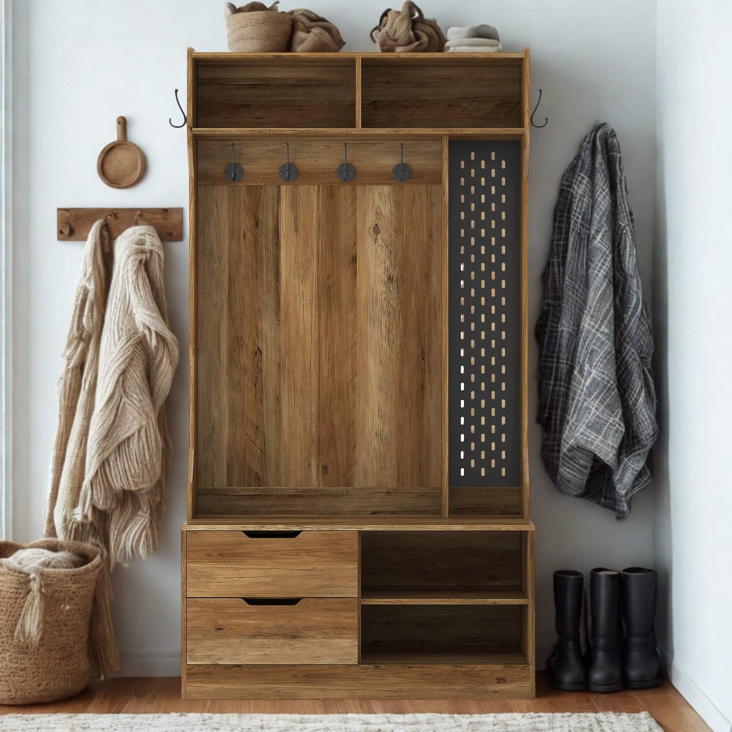 A brown coat rack with shoe storage sold by WorkZen Interiors