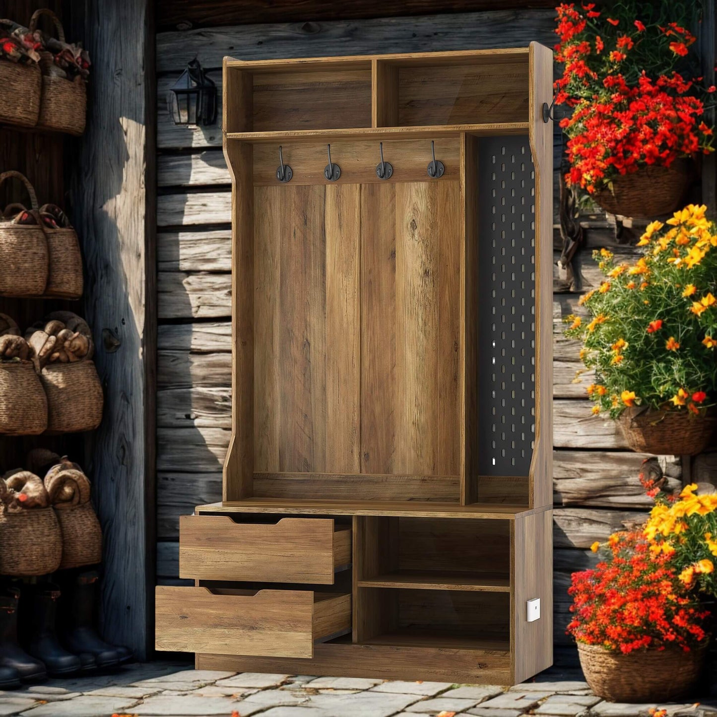A brown coat rack with shoe storage sold by WorkZen Interiors