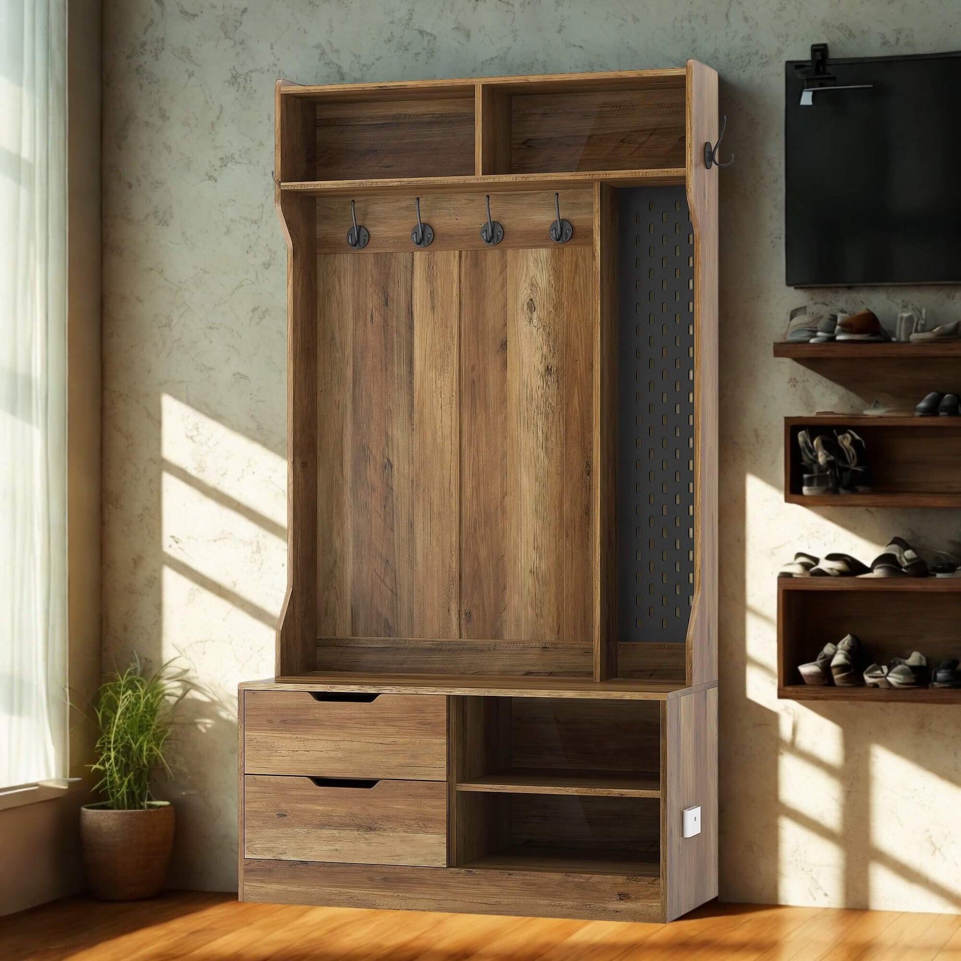 A brown coat rack with shoe storage sold by WorkZen Interiors