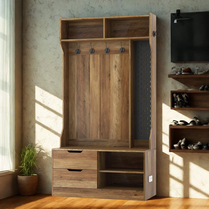 A brown coat rack with shoe storage sold by WorkZen Interiors