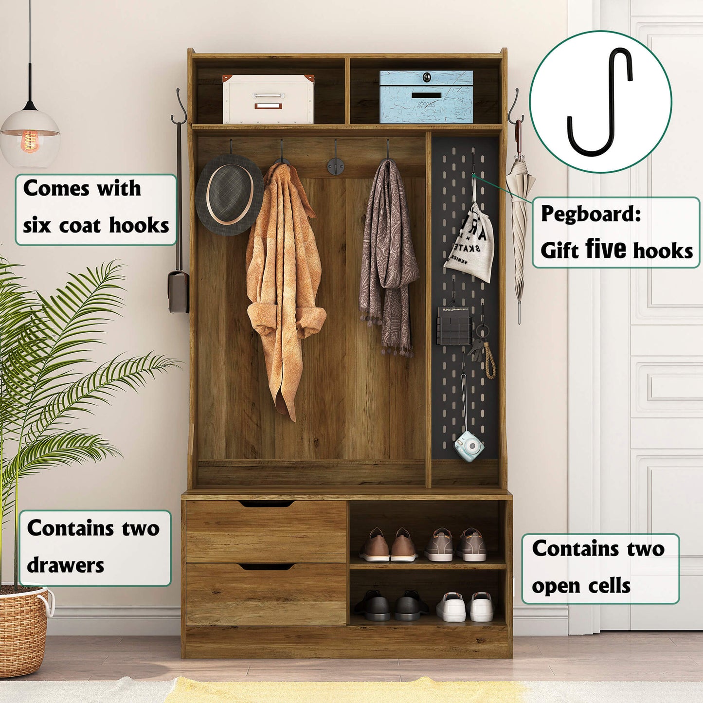 A brown coat rack with shoe storage sold by WorkZen Interiors
