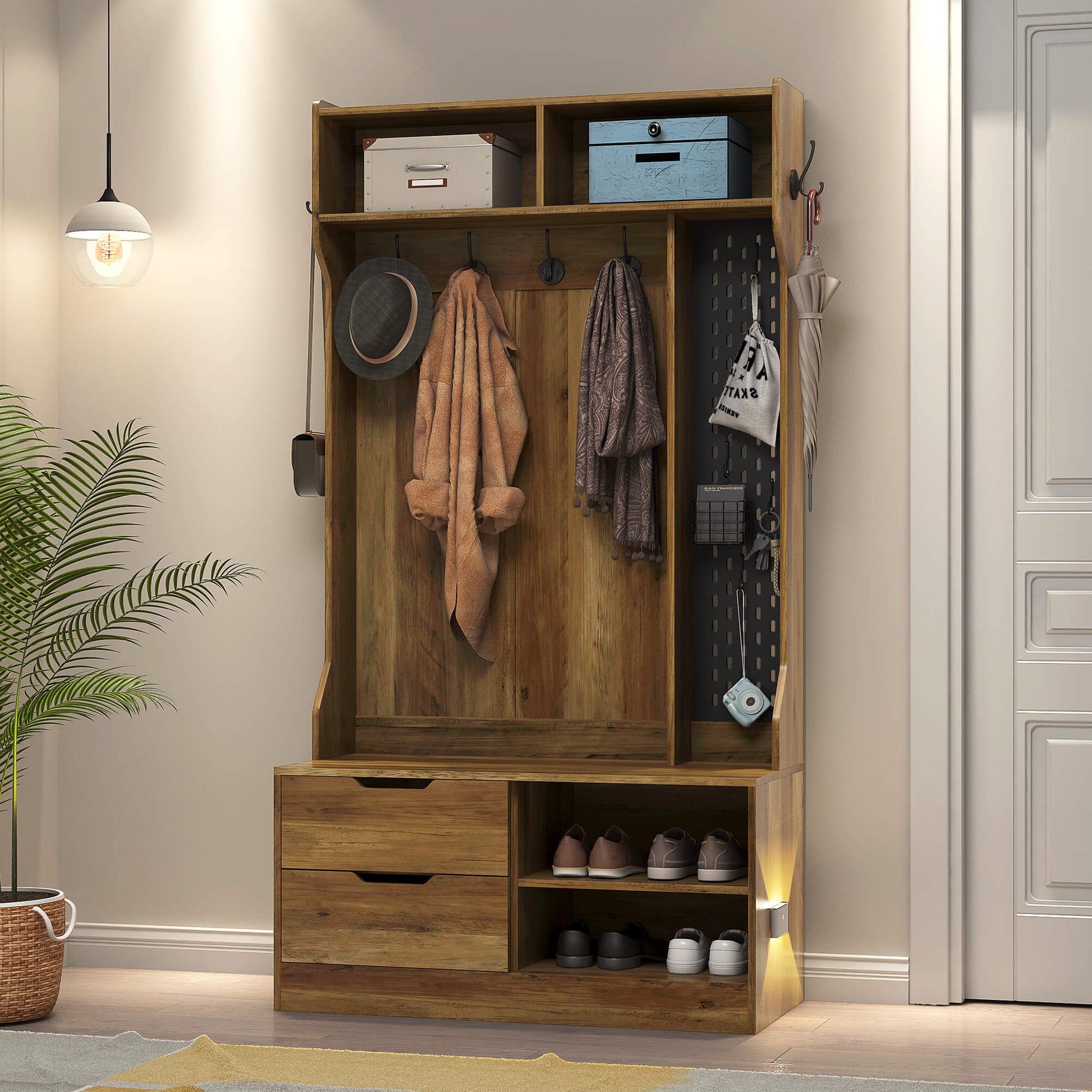A brown coat rack with shoe storage sold by WorkZen Interiors