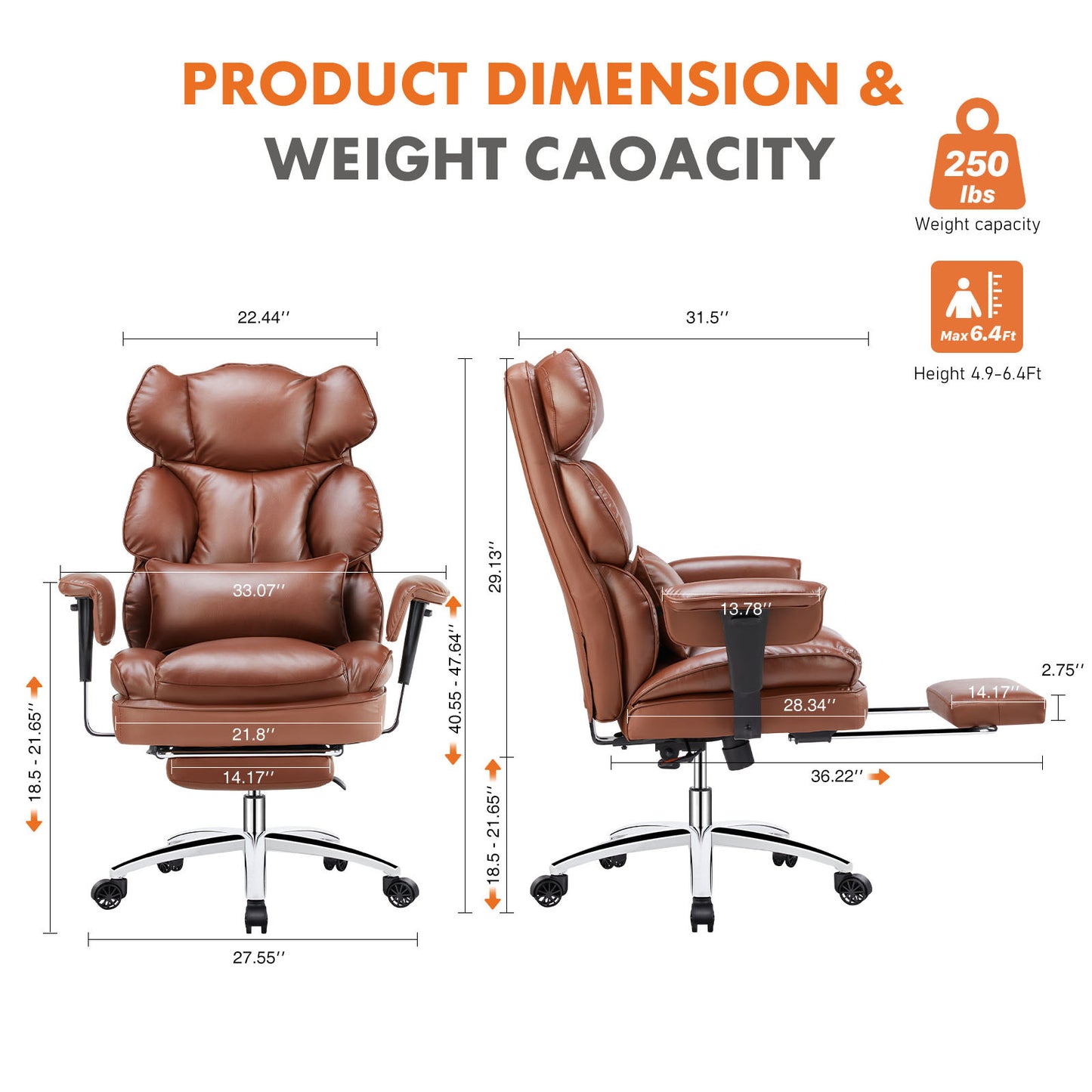 The dimension of a brown executive office chair sold by WorkZen Interiors