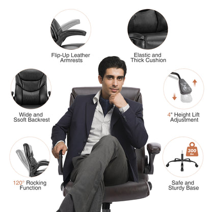 A man sitting on a brown leather office chair sold by WorkZen Interiors