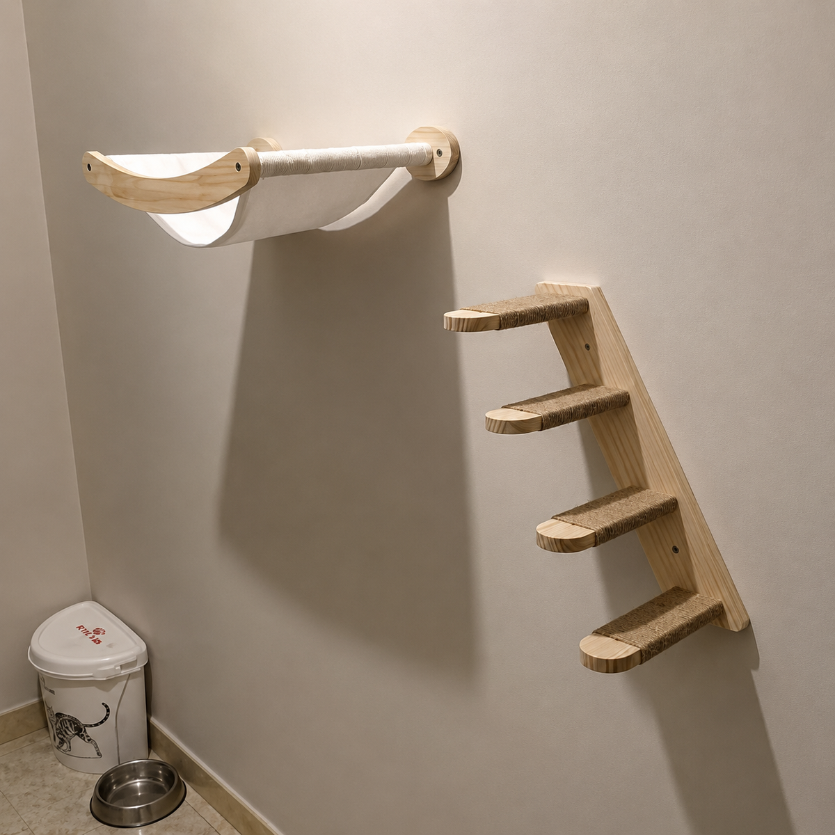 A wall-mounted wooden cat perch and shelf set in a beige room, with a curved wooden bed on a roll and four ascending steps to the next level.