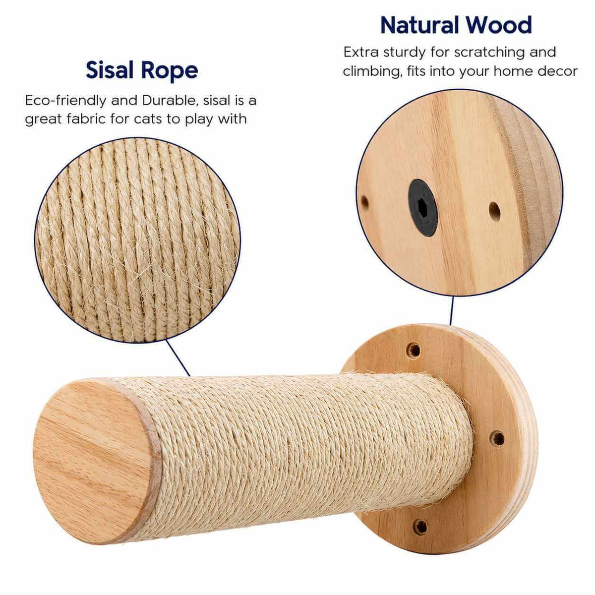 A cylindrical cat scratching post made of natural wood with sisal rope wrapped around the main shaft, shown on a white background with two circular detail insets and text labels reading 'Sisal Rope' and 'Natural Wood'.