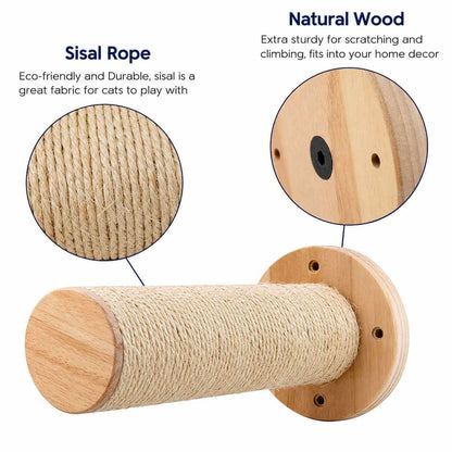A cylindrical cat scratching post made of natural wood with sisal rope wrapped around the main shaft, shown on a white background with two circular detail insets and text labels reading 'Sisal Rope' and 'Natural Wood'.