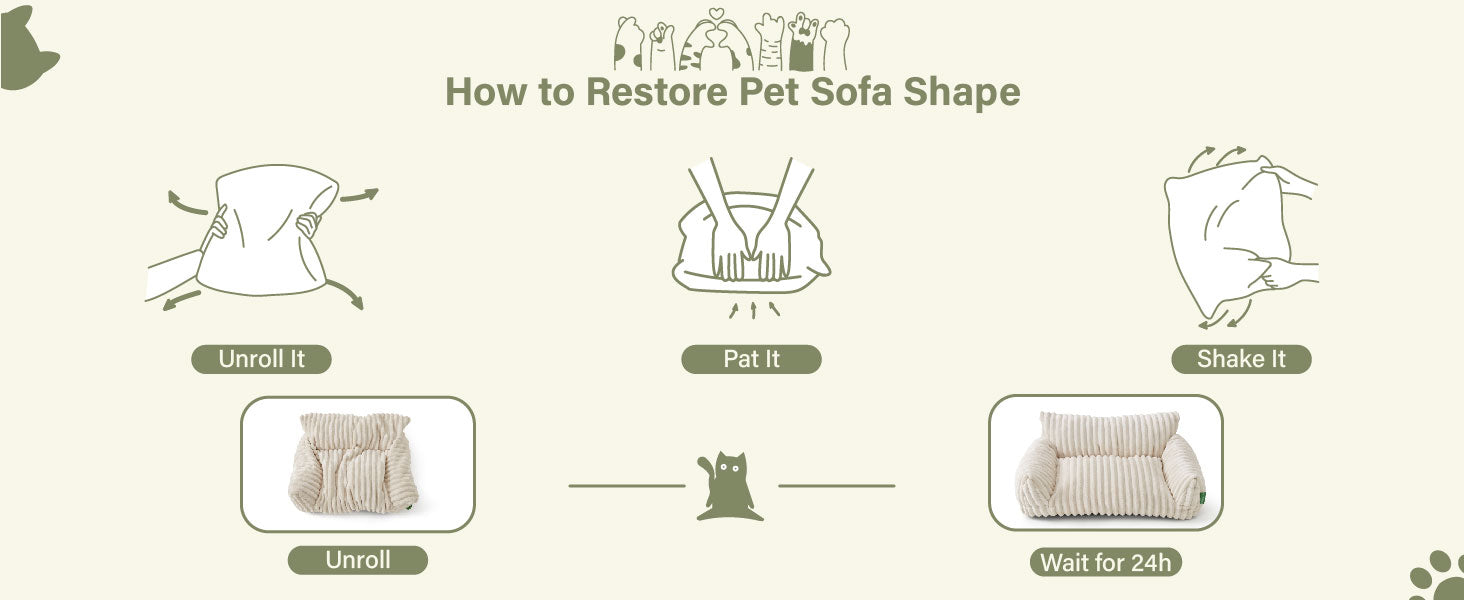 Step-by-step guide on how to restore a cat sofa shape with icons and text.