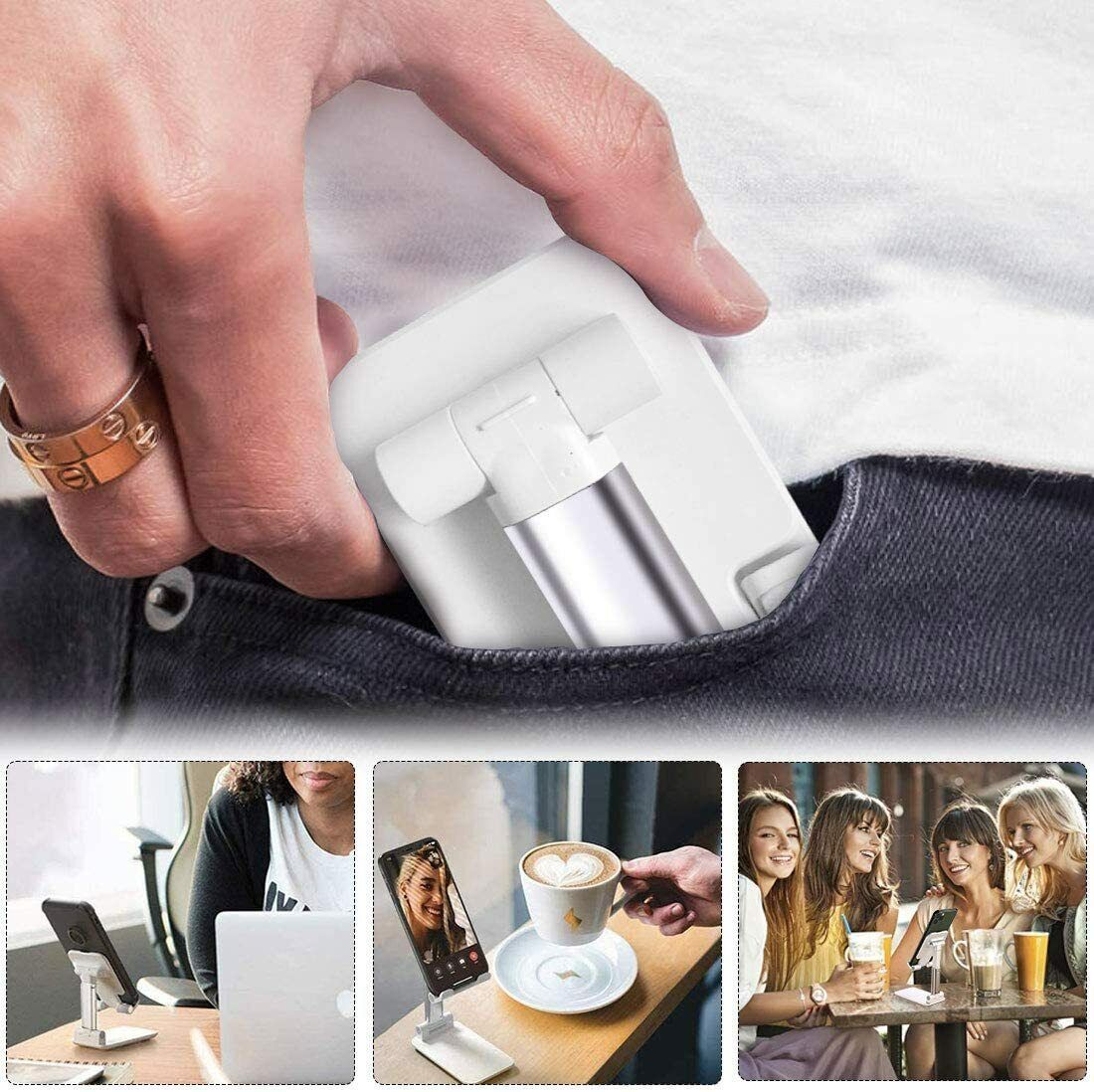 A silver cell phone stand for desk sold by WorkZen Interiors