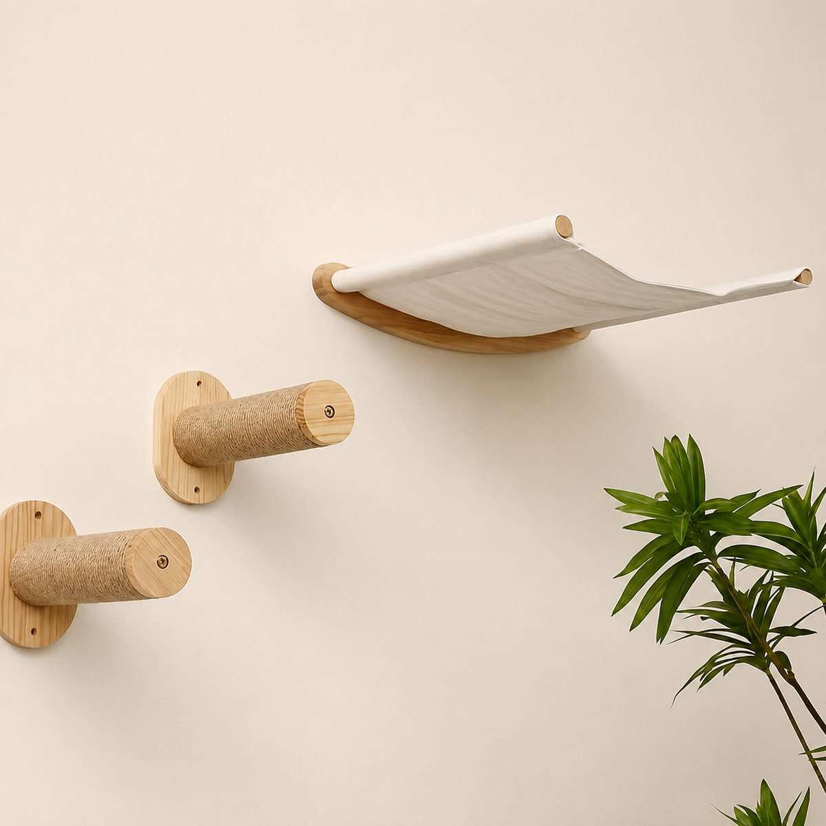 Two wall-mounted wooden cat perches with sisal rope scratching posts and a white fabric cat bed, shown against a warm beige wall with a green plant in the corner.